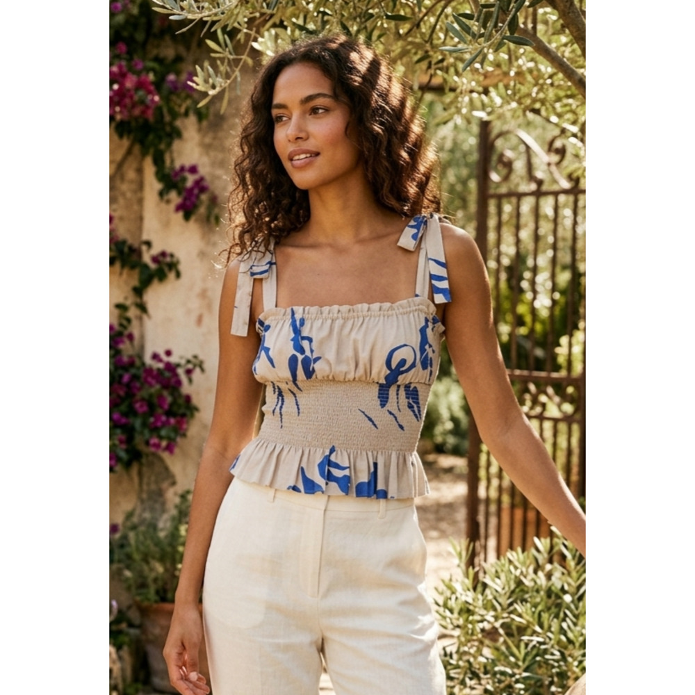 Wilfred Free Sail Ruched Smocked Tie Strap Tank Top Blouse Blue Floral